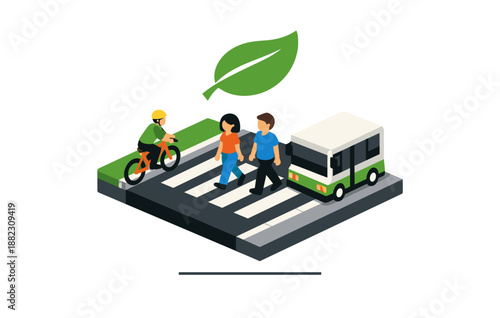 Sustainable urban transport: pedestrians, cyclist, and electric bus on eco-friendly street