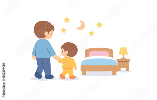 Father and son bedtime routine with stars and moon in cozy bedroom setting