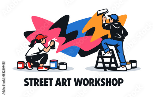 Street art creation by young artists: colorful graffiti in progress