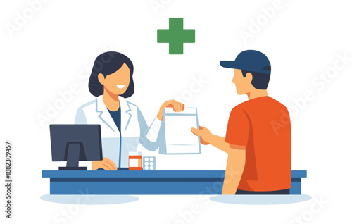 Pharmacist assisting customer at counter with prescription in pharmacy