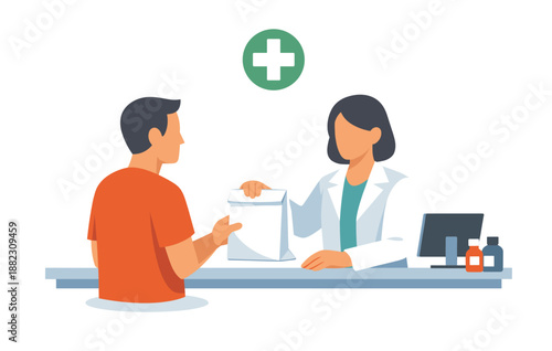 Pharmacist handing medicine to male customer at pharmacy counter