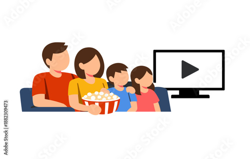 Family watching movie together on couch with popcorn