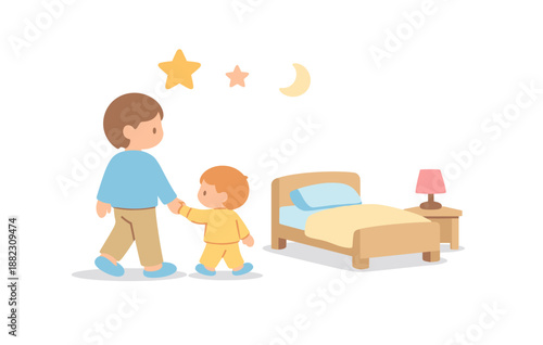 Father and child bedtime routine with stars and moon decor