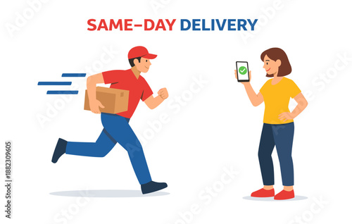Same-day delivery service with courier and female customer interaction