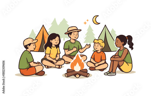 Diverse group of children enjoying campfire storytelling in outdoor setting