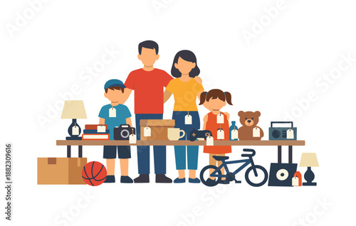 Family garage sale with household items and toys