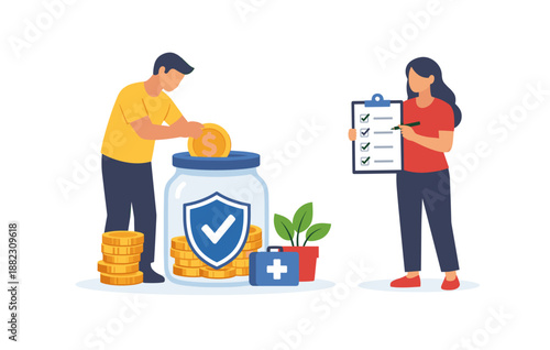 Couple managing healthcare savings with coins and checklist