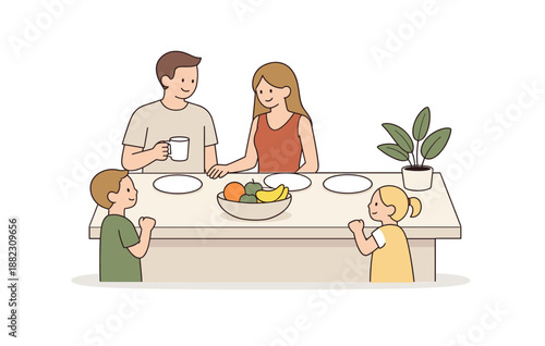 Family mealtime with parents and children at kitchen table
