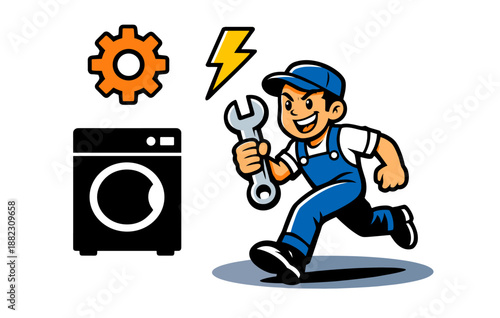Cartoon male repairman holding wrench with washing machine icon and symbols