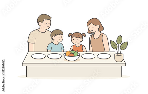 Family enjoying meal preparation together with fresh fruits and vegetables