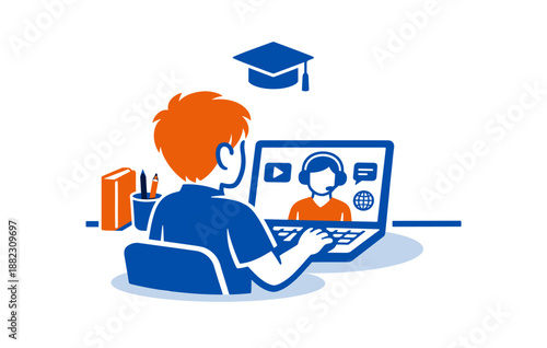 Young boy engaging in online learning with laptop and graduation cap icon