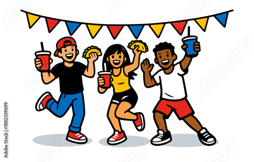 Diverse group of happy teens enjoying a festive celebration with tacos and drinks