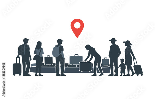 Silhouettes at baggage claim with location pin icon