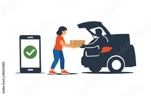 Female receiving package from car trunk with smartphone confirmation