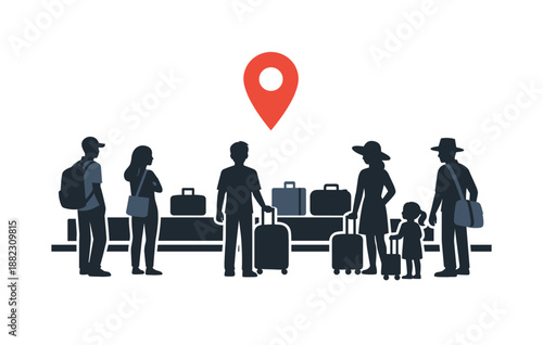 Travelers with luggage awaiting pickup under location icon