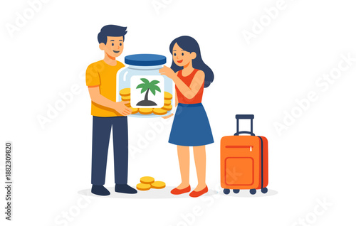 Couple saving for vacation with coin jar and luggage