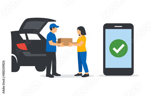 Contactless delivery: asian male and female receiving package with mobile confirmation