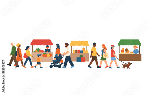 Diverse group of adults and children walking at outdoor market