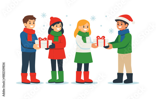 Diverse group exchanging holiday gifts with smiles and festive outfits