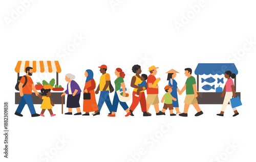 Diverse crowd at market featuring adults and children engaged in shopping and socializing