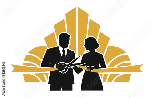 Silhouette of ceremony: male and female figures cutting ribbon with decorative background
