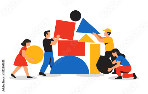 Diverse adults collaborating to build a structure with colorful geometric shapes