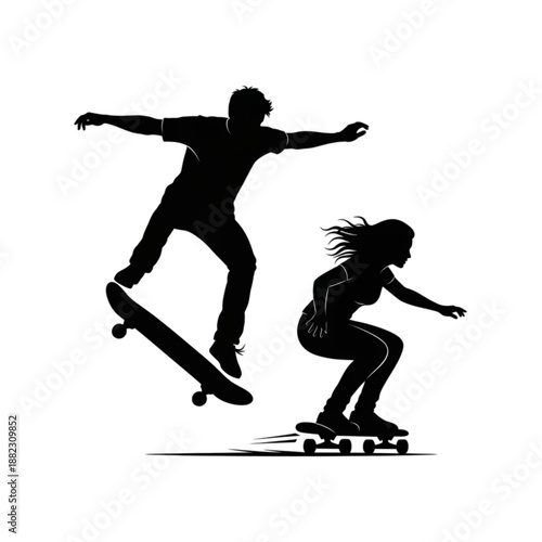 Teenagers skateboarding in a park Isolated On Transparent Background.