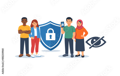 Diverse group highlighting online security and privacy in technology