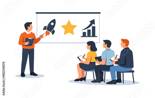 Male presenter teaching diverse group with growth concept symbols on board