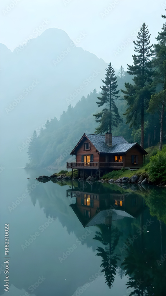Obraz premium Misty Lakeside Cabin Reflection