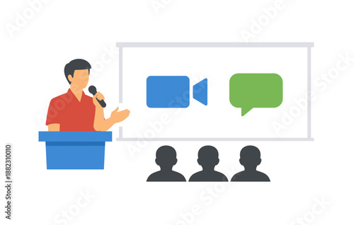 Male presenter illustrating video communication to audience with projector