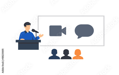 Male speaker presenting to diverse audience with video and speech icons