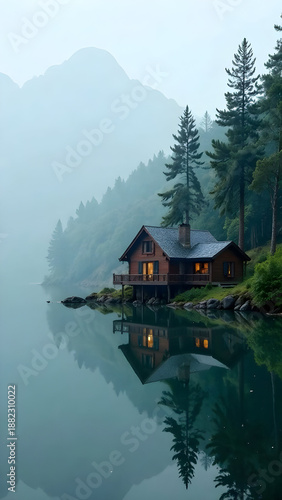 Misty Lakeside Cabin Reflection