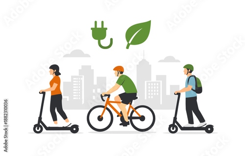 Group of people commuting: eco-friendly transportation, biking and scooters