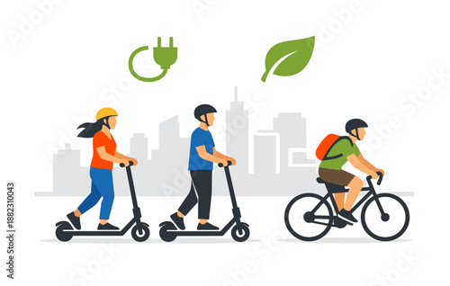 Urban commuters: eco-friendly transport with scooters and bicycles in cityscape