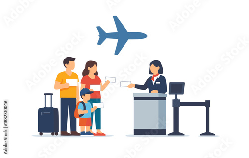 Family checking in at airport counter with boarding passes and luggage