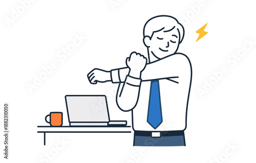 Young caucasian male stretching at desk with laptop and coffee mug