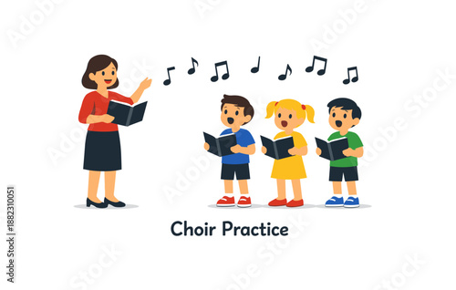 Children's choir rehearsal with female conductor leading singing practice