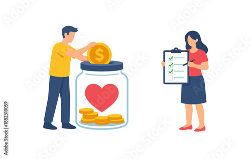 Man depositing coin in charity jar and woman with checklist illustration