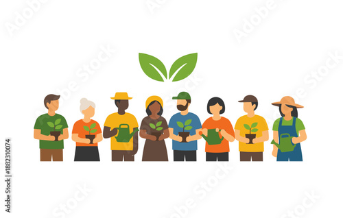 Diverse group of adults holding plants symbolizing environmental unity