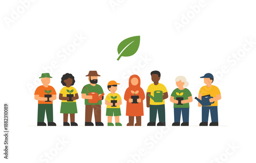Diverse group of individuals engaged in gardening and environmental awareness