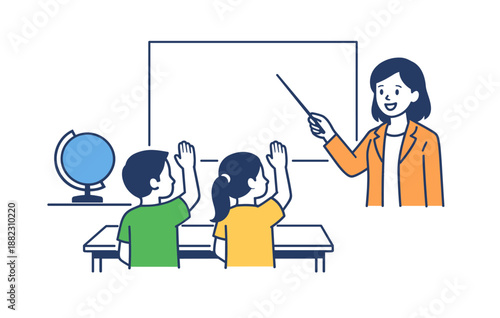 Animated classroom scene with female teacher and diverse children in learning environment