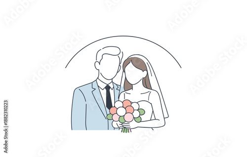 Bride and groom illustration with bouquet in minimalist style