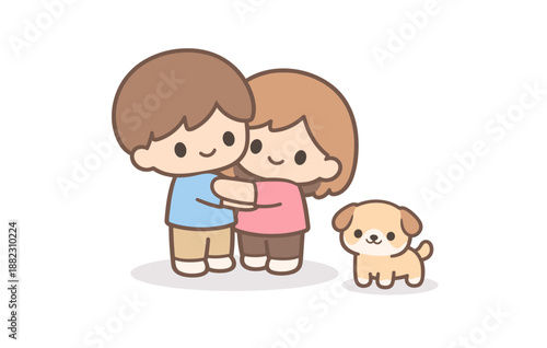 Cute cartoon kids hugging with puppy companion in simple style