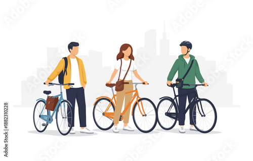 Three young diverse adults with bicycles in urban setting