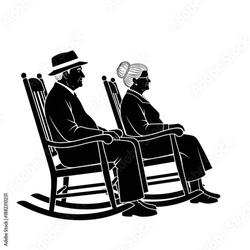 Elderly couple sitting on rocking chairs Isolated On Transparent Background.