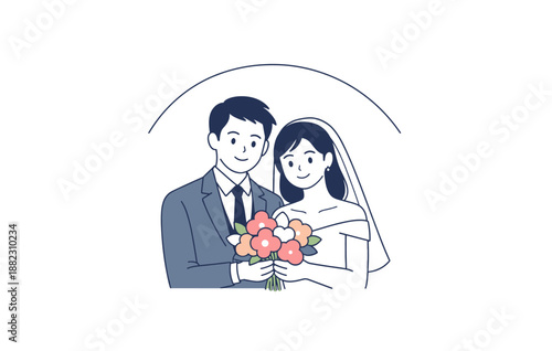 Asian male and female anime couple in wedding attire holding flowers