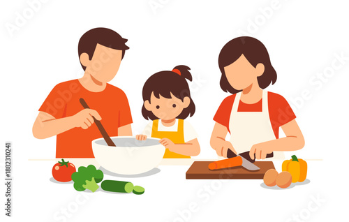 Family cooking together in kitchen with fresh vegetables