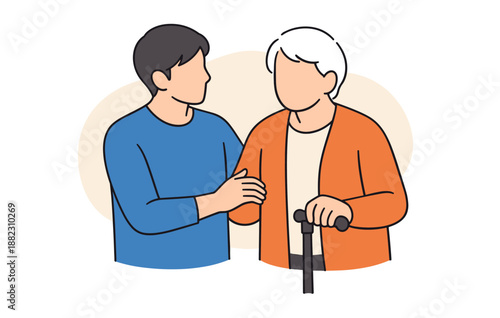 Young asian male supports elderly caucasian female with cane in caregiving moment