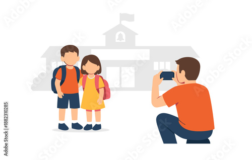 Caucasian children posing for photo in front of school building